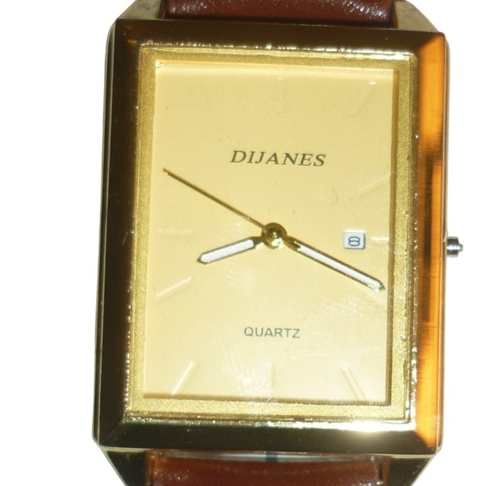 Vintage Dijanes Rectangle Tank Watch Gold Tone Date Window Brown Leather - FS